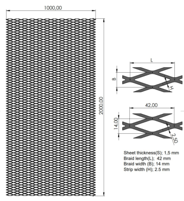 Tahokov Fe kosočtvercová oka: 42x14mm, (1000x2000x1,5mm)