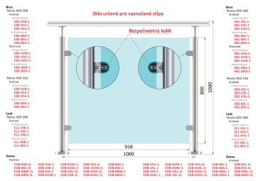 Transparentní ESG/VSG sklo pro osovou vzdálenost mezi sloupky 1000mm, rozměr 918x800mm, tloušťka: 8.76mm s fólií a výřezy pro bezpečnostní kolík