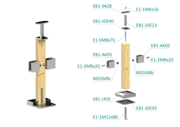 Dřevěný sloup, vrchní kotvení, výplň: sklo, průchozí, vrch pevný (40x40 mm), materiál: buk, broušený povrch bez nátěru
