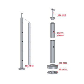 Nerezový sloup, vrchní kotvení, 5 děrový průchodný, vrch pevný (ø 42,4x2 mm), broušená nerez K320 / AISI304