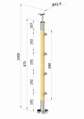 Dřevěný sloup, vrchní kotvení, 4 řadový, průchozí, vrch pevný (ø42 mm), materiál: buk, broušený povrch bez nátěru