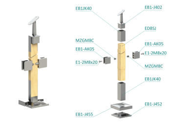 Dřevěný sloup, vrchní kotvení, výplň: sklo, průchozí, vrch nastavitelný (40x40mm), materiál: buk, broušený povrch s nátěrem BORI (bezbarvý)