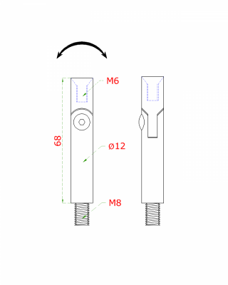 Čep s kloubem (vnější závit M8 - vnitřní závit M6, ø 12 mm, L: 68 mm), leštěná nerez / AISI304