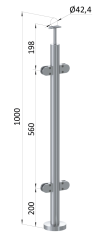 Nerezový sloup, vrchní kotvení, výplň: sklo, průchozí, vrch pevný (ø 42,4x2 mm), leštěná nerez / AISI304