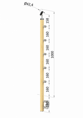Dřevěný sloup, boční kotvení, 5 řadový, průchozí, vnitřní, vrch nastavitelný (ø 42mm), materiál: buk, broušený povrch s nátěrem BORI (bezbarvý)
