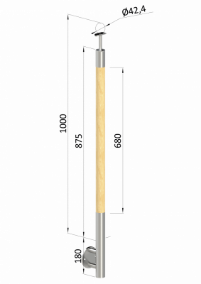 Dřevěný sloup, vrchní kotvení, bez výplně, vrch pevný (ø 42mm), materiál: buk, broušený povrch bez nátěru