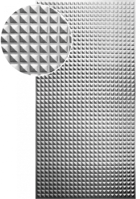 Plech pozinkovaný 2000 x 1000 x 1,2 mm, lisovaný vzor PYRAMIDA 2, 3D efekt. Skutečný rozměr1990 x 950 x 1,2 mm