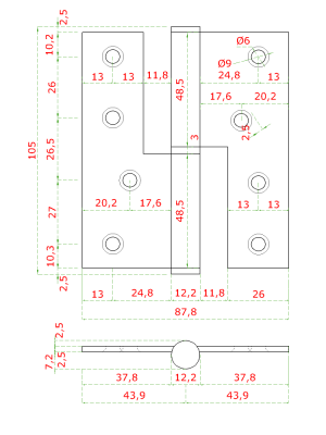 Nerezové panty 2ks (levé), 100x88x2.5mm, max. nosnost: 80 kg (2 panty), broušená nerez K320 /AISI304