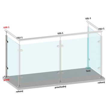 Nerezový sloup, vrchní kotvení, výplň: sklo, pravý, vrch pevný, (ø 42.4x2mm), broušená nerez K320 /AISI304