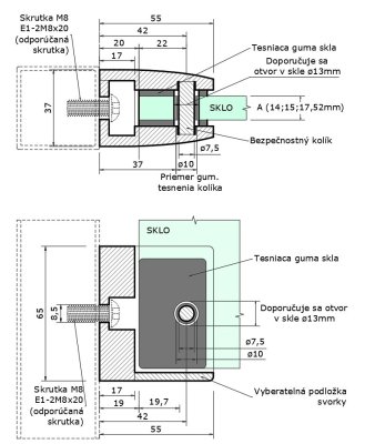 Svorka skla plochá (65x55x38 mm), broušená nerez K320 / AISI304, balení neobsahuje gumičky na sklo