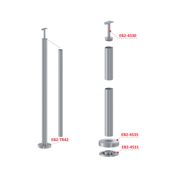 Nerezový sloup, vrchní kotvení, bez výplně, vrch pevný (ø42,4x2 mm), broušená nerez K320 / AISI316