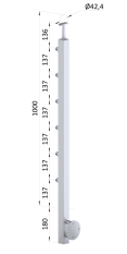 Nerezový sloup, boční kotvení, 6 řadový průchodný, venkovní, vrch pevný, (40x40 mm), broušená nerez K320 / AISI304