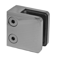 Svorka skla / plechu plochá (45x45x26 mm), bez úchytových šroubů a krytek na šrouby, leštěná nerez / AISI304, balení neobsahuje gumičky na sklo