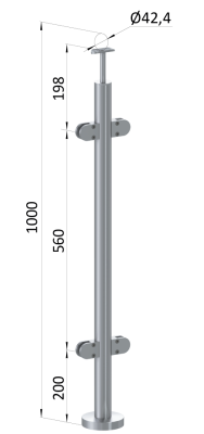 Nerezový sloup, vrchní kotvení, výplň: sklo, průchozí, vrch pevný (ø42,4x2 mm), broušená nerez K320 / AISI304