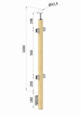 Dřevěný sloup, boční kotvení, výplň: sklo, průchozí, vrch pevný (40x40 mm), materiál: buk, broušený povrch bez nátěru