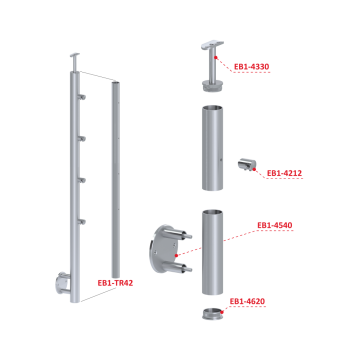 Nerezový sloup, boční kotvení, 4 řadový průchodný, venkovní, vrch pevný (ø 42,4x2 mm), broušená nerez K320 / AISI304
