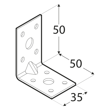 Úhelník s prolisem 50x50x35mm, 2,0mm, pozink, díry průměr 5mm-8ks, 11mm-2ks