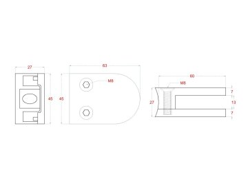 Svorka skla na trubku ø 42.4mm (63x45x27mm), leštěná nerez /AISI304, balení neobsahuje gumičky na sklo