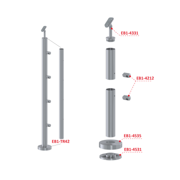 Nerezový sloup, vrchní kotvení, 4 řadový, průchodný, vrch nastavitelný, (ø 42,4x2 mm), broušená nerez K320 / AISI304