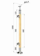 Dřevěný sloup, vrchní kotvení, výplň: sklo, levý, vrch pevný (ø 42mm), materiál: buk, broušený povrch s nátěrem BORI (bezbarvý)