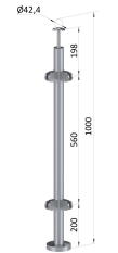 Nerezový sloup, vrchní kotvení, výplň: sklo, rohový: 90°, vrch pevný (ø 42,4x2 mm), leštěná nerez / AISI304