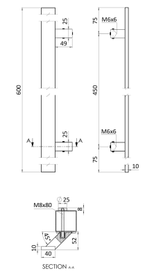 Madlo 45°, L = 600 mm, broušená AISI304
