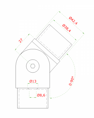 Spojka nastaviteľná s kĺbom na trubku ø 42.4 mm so skrutkou M8 na upevnenie do jaklu alebo trubky, brúsená nerez K320 /AISI304