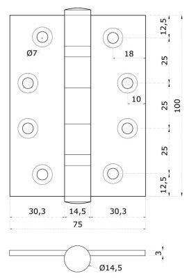 Nerezové panty 2ks, 100x75x3mm, max. nosnost: 80 kg, broušená nerez K320 / AISI304