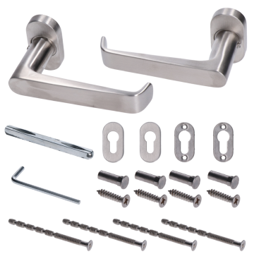 Klika nerezová (pár) včetně dolní rozety, balení: 2ks klika + 2ks dolní rozeta, příslušenství k montáži, broušená nerez K320/AISI304