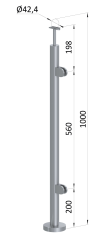 Nerezový sloup, vrchní kotvení, výplň: sklo, pravý, vrch pevný, (ø 42.4x2mm), broušená nerez K320 /AISI304