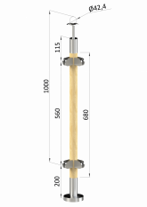 Dřevěný sloup, vrchní kotvení, výplň: sklo, rohový, vrch pevný (ø 42mm), materiál: buk, broušený povrch bez nátěru