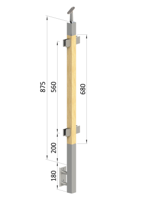 Dřevěný sloup, boční kotvení, výplň: sklo, průchozí, vrch nastavitelný (40x40mm), materiál: buk, broušený povrch bez nátěru