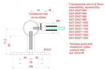 Nerezový sloup, boční kotvení, výplň: sklo, levý, vrch pevný (ø 42,4x2 mm), broušená nerez K320 / AISI304