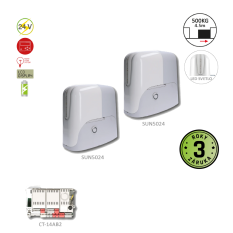 SUN KIT dva protichůdné posuvné pohony do 400 + 400 kg, 2x SUN4024 (24V, 250W, 13Nm), 1x CT-14A. Nutno dokoupit přijímač a vysílač