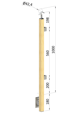 Dřevěný sloup, boční kotvení, výplň: sklo, koncový, pravý, vrch nastavitelný (40x40mm), materiál: buk, broušený povrch s nátěrem BORI (bezbarvý)