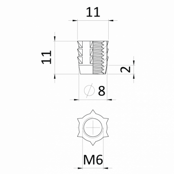 Narážecí matice do dřeva M6x11 s vnitřním metrickým závitem, zinková slitina