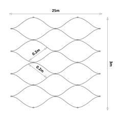 Lanová sieť, 3 x 25 m, oko 200 x 200 mm, ø 2 mm, AISI 316