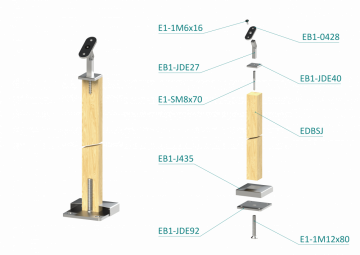 Dřevěný sloup, vrchní kotvení, bez výplně, vrch nastavitelný (40x40mm), materiál: buk, broušený povrch s nátěrem BORI (bezbarvý)