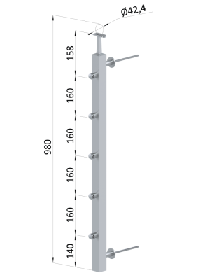 Nerezový sloup na francouzský balkón, boční kotvení, 5 řadový, pravý, vrch pevný, (40x40x2.0 mm), broušená nerez K320 /AISI304