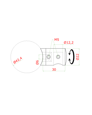 Držák tyče ø 12 mm (koncový-pravý) na trubku ø 42,4 mm (30x22 mm), leštěná nerez /AISI304