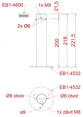 Příruba na fasádní lankovou stěnu, odsazení 200mm, průchozí, pro lanko max. ø6mm, se závitem M8, broušená nerez K320/AISI 304
