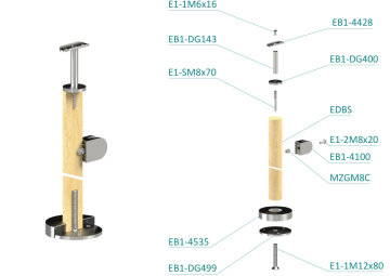 Dřevěný sloup, vrchní kotvení, výplň: sklo, pravý, vrch pevný (ø 42mm), materiál: buk, broušený povrch s nátěrem BORI (bezbarvý)