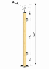 Dřevěný sloup, vrchní kotvení, výplň: sklo, pravý, vrch nastavitelný (40x40mm), materiál: buk, broušený povrch bez nátěru