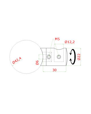 Držák tyče ø 12 mm (koncový-levý) na trubku ø 42,4 mm (30x22 mm), leštěná nerez /AISI304