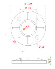 Příruba na trubku ø 42.4mm (ø 100 /8.8mm), broušená nerez K320 / AISI304