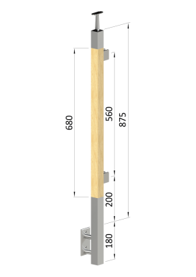 Dřevěný sloup, boční kotvení, výplň: sklo, levý, vrch pevný (40x40mm), materiál: buk, broušený povrch s nátěrem BORI (bezbarvý)