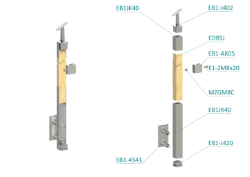 Dřevěný sloup, boční kotvení, výplň: sklo, levý, vrch nastavitelný (40x40mm), materiál: buk, broušený povrch bez nátěru