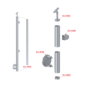 Nerezový sloup, boční kotvení, výplň: sklo, pravý, vrch nastavitelný (ø 42,4x2 mm), leštěná nerez / AISI304