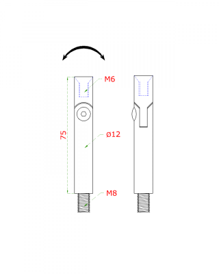 Čep s kloubem (vnější závit M8 - vnitřní závit M6, ø 12 mm, L: 75 mm), broušená nerez K320 / AISI304