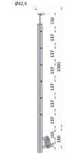 Nerezový sloup, boční kotvení, 6 děrový koncový, pravý, vrch pevný (ø42,4x2 mm), broušená nerez K320 / AISI304